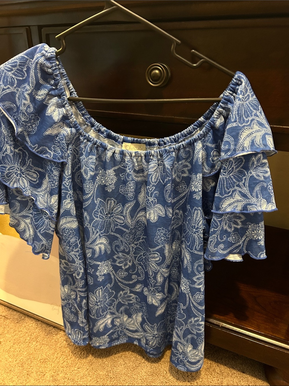 Blue Floral Off-Shoulder Ruffle Sleeve Blouse